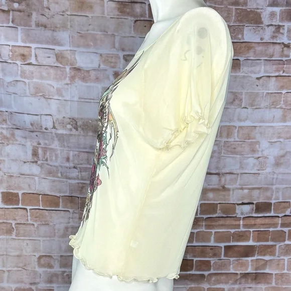 Sinful By Affliction Sheer Short Sleeve T-Shirt - Yellow - XS / L - NWT - Picture 3 of 8